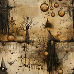 beige, sepia tones, amber, gothic witch, ravens, bare trees, hanging orbs, mysterious bottles, lanterns, thorny vines, dark silhouettes, occult symbols, spooky atmosphere, vintage aged look, halloween themed,, fabric panel, witch hat, mystical elements, haunting birds
