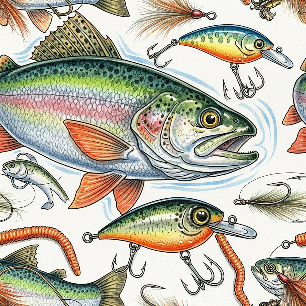 fishing lures, trout, bass, fishing theme, fish pattern, sport fishing, outdoor recreation, nature wildlife, water theme, nautical, fishing hooks, bait, aquatic life, green, orange, coral, yellow, cream, blue, multicolor, whimsical, detailed illustration, vintage fishing, sports and leisure, playroom, kids room, adventure theme, outdoor enthusiasts, fishing cabin