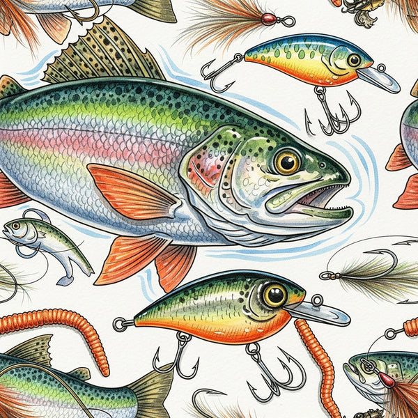 fishing lures, trout, bass, fishing theme, fish pattern, sport fishing, outdoor recreation, nature wildlife, water theme, nautical, fishing hooks, bait, aquatic life, green, orange, coral, yellow, cream, blue, multicolor, whimsical, detailed illustration, vintage fishing, sports and leisure, playroom, kids room, adventure theme, outdoor enthusiasts, fishing cabin