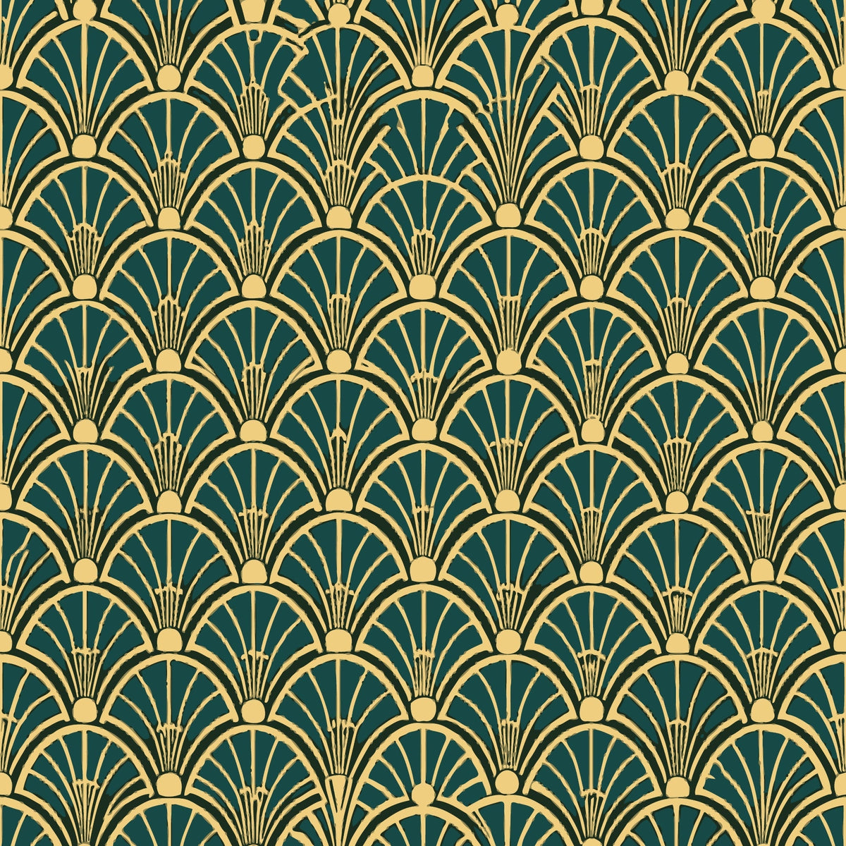 art deco, fan pattern, geometric design, emerald green, gold, cream, repeating motif, scalloped arches, vintage style,, fabric panel, luxurious, elegant, radiating lines, decorative circles, 1920s inspired, ornamental, sophisticated, peacock feathers motif