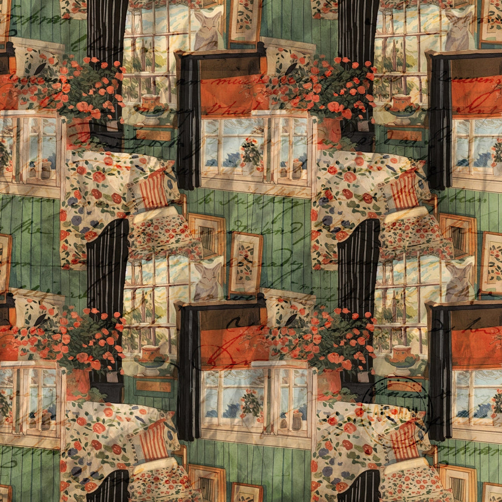 cottagecore, scrapbook pattern,, fabric panel, sage green, coral orange, cream, floral motifs, vintage illustrations, cozy interior, window scenes, potted plants, textile collage, patchwork design, rustic charm, country living, botanical elements, warm earth tones, nostalgic mood, farmhouse aesthetic