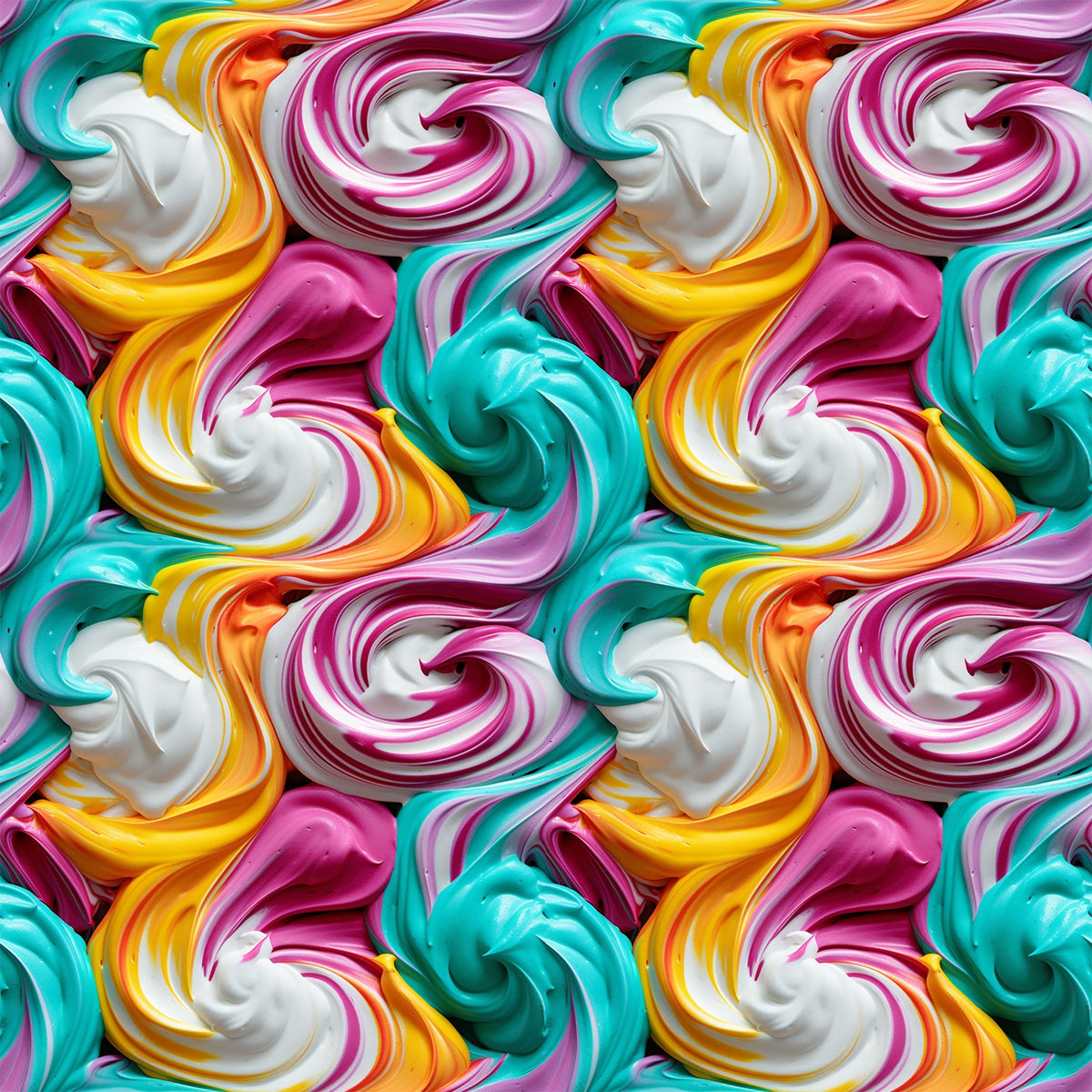 swirled frosting, colorful icing, pink frosting, turquoise frosting, yellow frosting, white frosting, orange frosting, dessert pattern, cake decorating, sweet treats, candy colors, spiral swirls, bakery theme,, fabric panel, vibrant colors, food motif, confectionery design, decorative frosting, pastry art