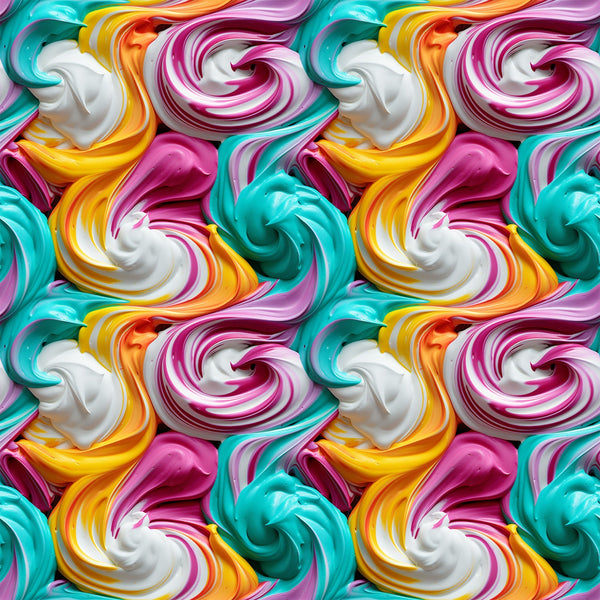 swirled frosting, colorful icing, pink frosting, turquoise frosting, yellow frosting, white frosting, orange frosting, dessert pattern, cake decorating, sweet treats, candy colors, spiral swirls, bakery theme,, fabric panel, vibrant colors, food motif, confectionery design, decorative frosting, pastry art