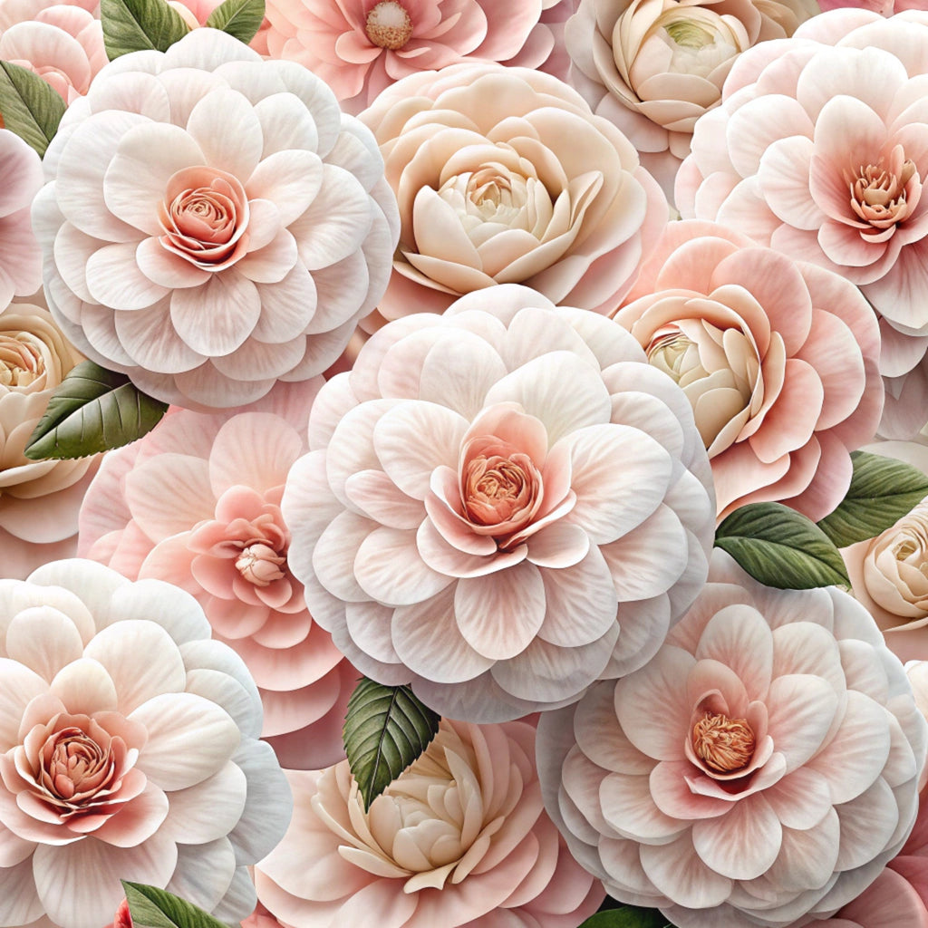 blush pink, coral, cream, ivory, sage green, realistic flowers, layered petals, botanical design, floral pattern, roses, ranunculus, camellia, romantic style, soft pastels,, fabric panel, garden blooms, delicate leaves, vintage inspired, feminine aesthetic