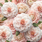 blush pink, coral, cream, ivory, sage green, realistic flowers, layered petals, botanical design, floral pattern, roses, ranunculus, camellia, romantic style, soft pastels,, fabric panel, garden blooms, delicate leaves, vintage inspired, feminine aesthetic