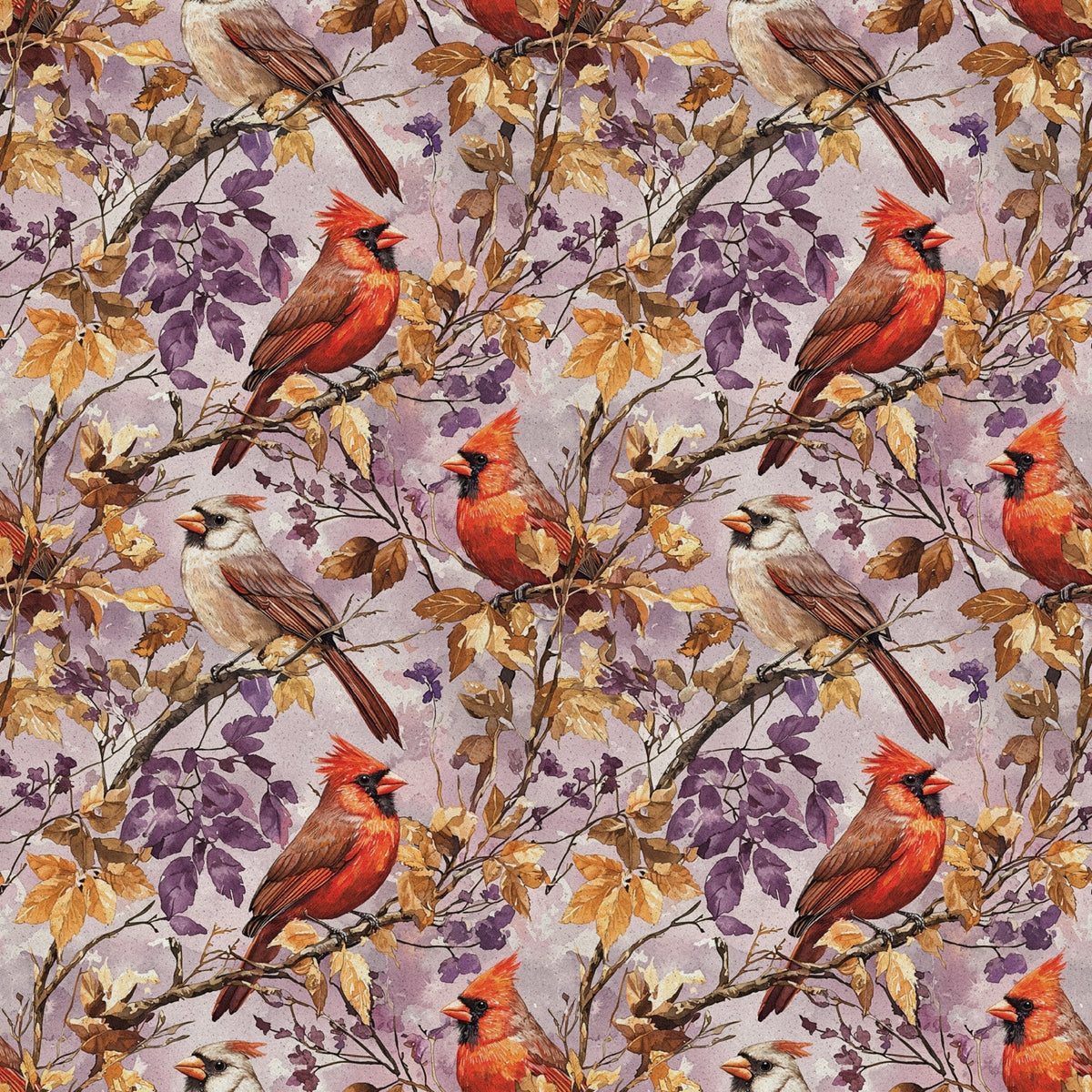 red cardinals, purple leaves, autumn foliage, brown branches, cream background, bird pattern, nature design,, fabric panel, seasonal birds, fall colors, botanical elements, wildlife motif, repeating pattern, orange accents, lavender tones, perched birds, tree branches, natural scene, cotton fabric