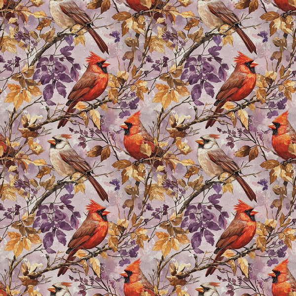 red cardinals, purple leaves, autumn foliage, brown branches, cream background, bird pattern, nature design,, fabric panel, seasonal birds, fall colors, botanical elements, wildlife motif, repeating pattern, orange accents, lavender tones, perched birds, tree branches, natural scene, cotton fabric