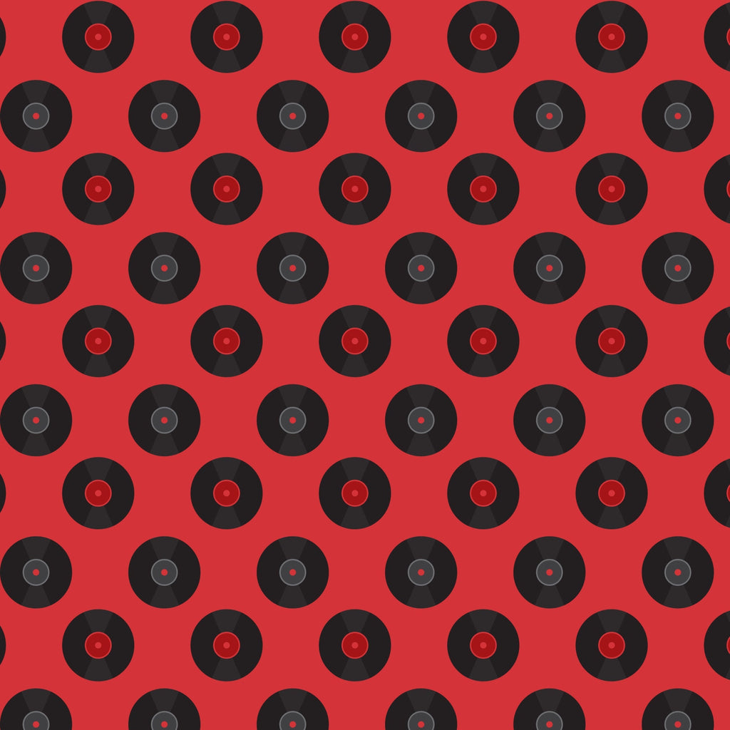 red background, black records, vinyl records, retro pattern, 50s style, mid-century modern, music theme, circular motifs, geometric design, repeating pattern,, fabric panel, nostalgic vibes, diner aesthetic, rockabilly style, vintage records, alternating rows, music memorabilia
