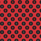 red background, black records, vinyl records, retro pattern, 50s style, mid-century modern, music theme, circular motifs, geometric design, repeating pattern,, fabric panel, nostalgic vibes, diner aesthetic, rockabilly style, vintage records, alternating rows, music memorabilia