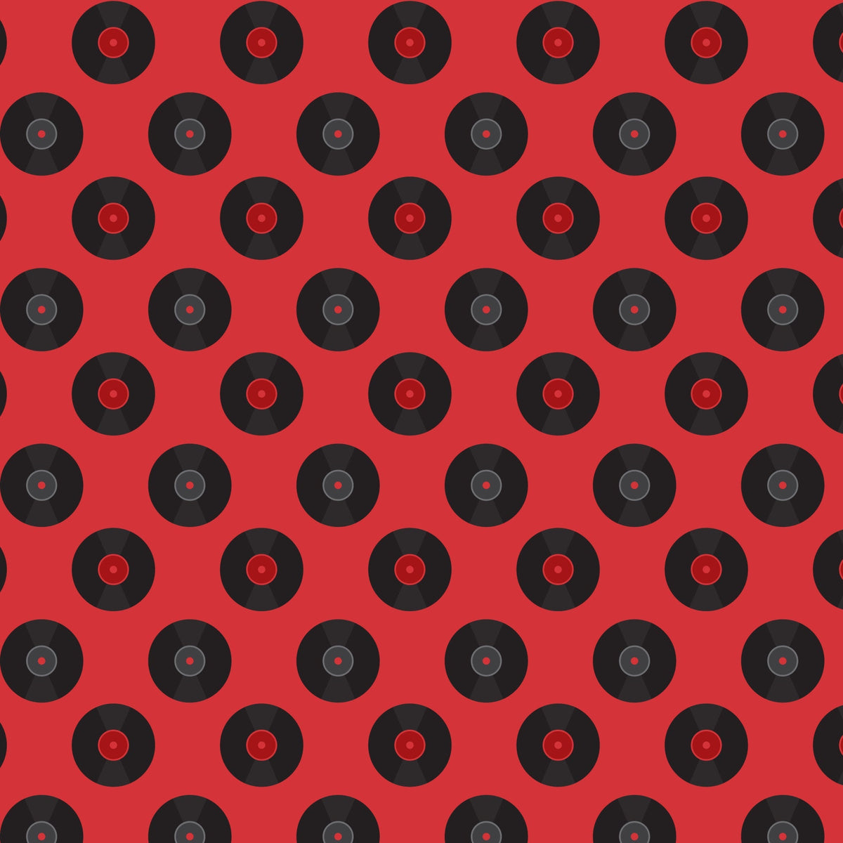 red background, black records, vinyl records, retro pattern, 50s style, mid-century modern, music theme, circular motifs, geometric design, repeating pattern,, fabric panel, nostalgic vibes, diner aesthetic, rockabilly style, vintage records, alternating rows, music memorabilia