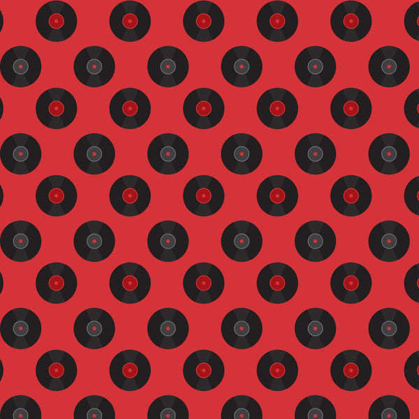 red background, black records, vinyl records, retro pattern, 50s style, mid-century modern, music theme, circular motifs, geometric design, repeating pattern,, fabric panel, nostalgic vibes, diner aesthetic, rockabilly style, vintage records, alternating rows, music memorabilia