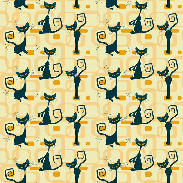 atomic cats, black cats, yellow eyes, retro pattern, mid-century modern, geometric shapes, orange accents, cream background, stylized felines, curly tails, starburst motifs, vintage style, 1950s inspired,, fabric panel, atomic age, sleek silhouettes, rectangular elements, repeating pattern, modern cats