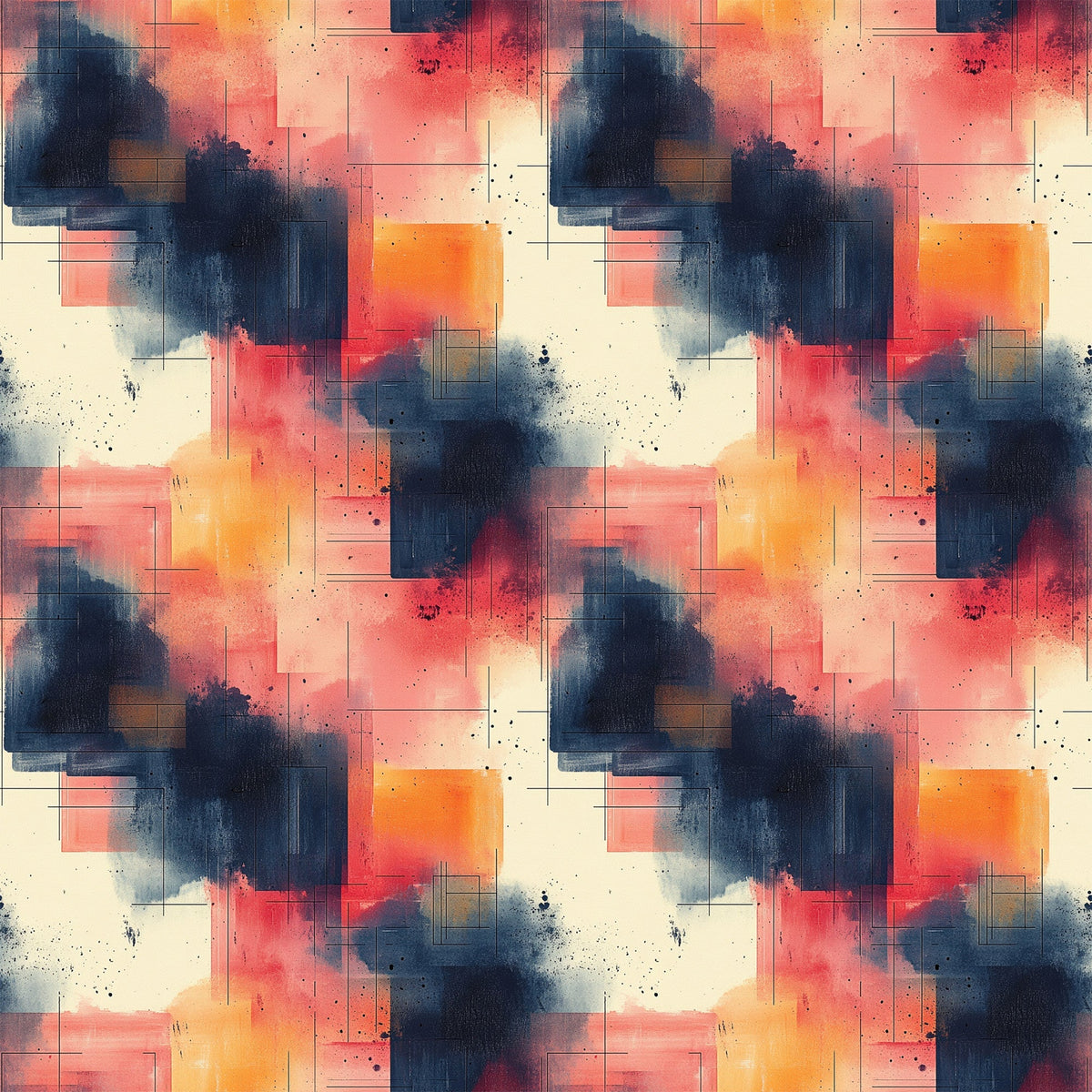 coral, navy blue, orange, cream, beige, geometric shapes, abstract watercolor, paint splatters, rectangular forms, mid century modern, contemporary art,, fabric panel, artistic brushstrokes, color blocking, modern geometric, abstract expressionism, layered composition, warm tones, cool tones