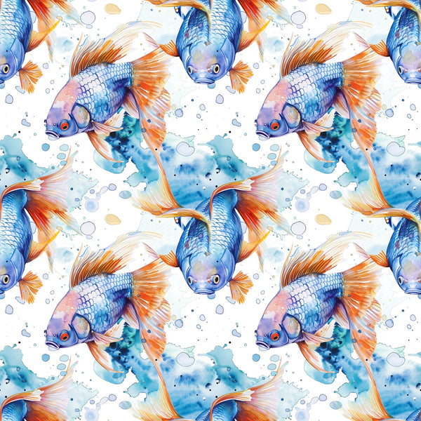 watercolor fish, blue fish, orange fins, aquatic pattern, swimming fish, water bubbles, ocean theme, seamless repeat,, fabric panel, marine life, flowing fins, blue orange palette, underwater scene, fish scales, artistic watercolor, sea creatures, nautical design, flowing movement, aquarium fish