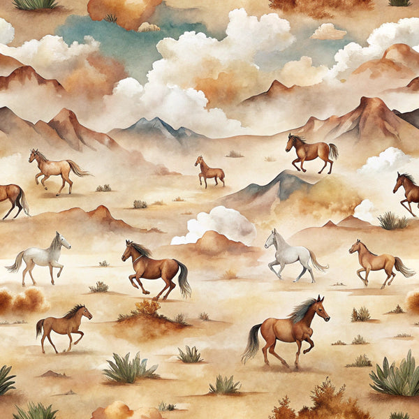 wild horses, galloping horses, desert landscape, southwestern scene, watercolor style, earth tones, brown horses, white horse, mountain backdrop, cloudy sky, sage brush, arid terrain, western theme,, fabric panel, horse pattern, dusty plains, natural colors, equestrian motif, rustic artwork