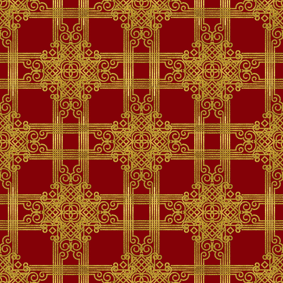 red, gold, christmas, ornate pattern, geometric design, intricate scrollwork, decorative motifs, festive, holiday fabric,, fabric panel, repeating pattern, elegant, luxurious, baroque style, winter themed, seasonal fabric, craft material, sewing fabric, medallion design