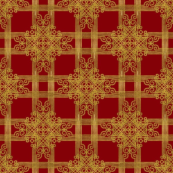 red, gold, christmas, ornate pattern, geometric design, intricate scrollwork, decorative motifs, festive, holiday fabric,, fabric panel, repeating pattern, elegant, luxurious, baroque style, winter themed, seasonal fabric, craft material, sewing fabric, medallion design