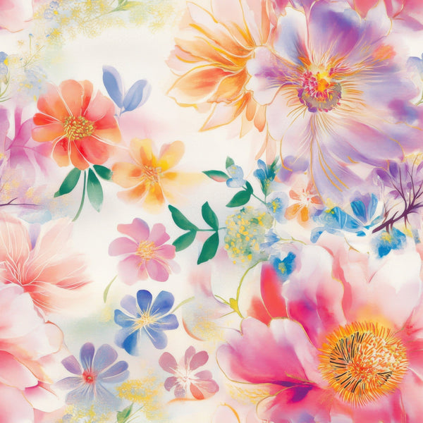 watercolor floral, japanese inspired, soft pastels, coral pink, lavender purple, sunny yellow, sage green, ocean blue, delicate blooms, ethereal flowers, translucent petals, botanical art, dreamy aesthetic,, fabric panel, spring garden, whimsical florals, artistic watercolor, gentle colors, floral motifs