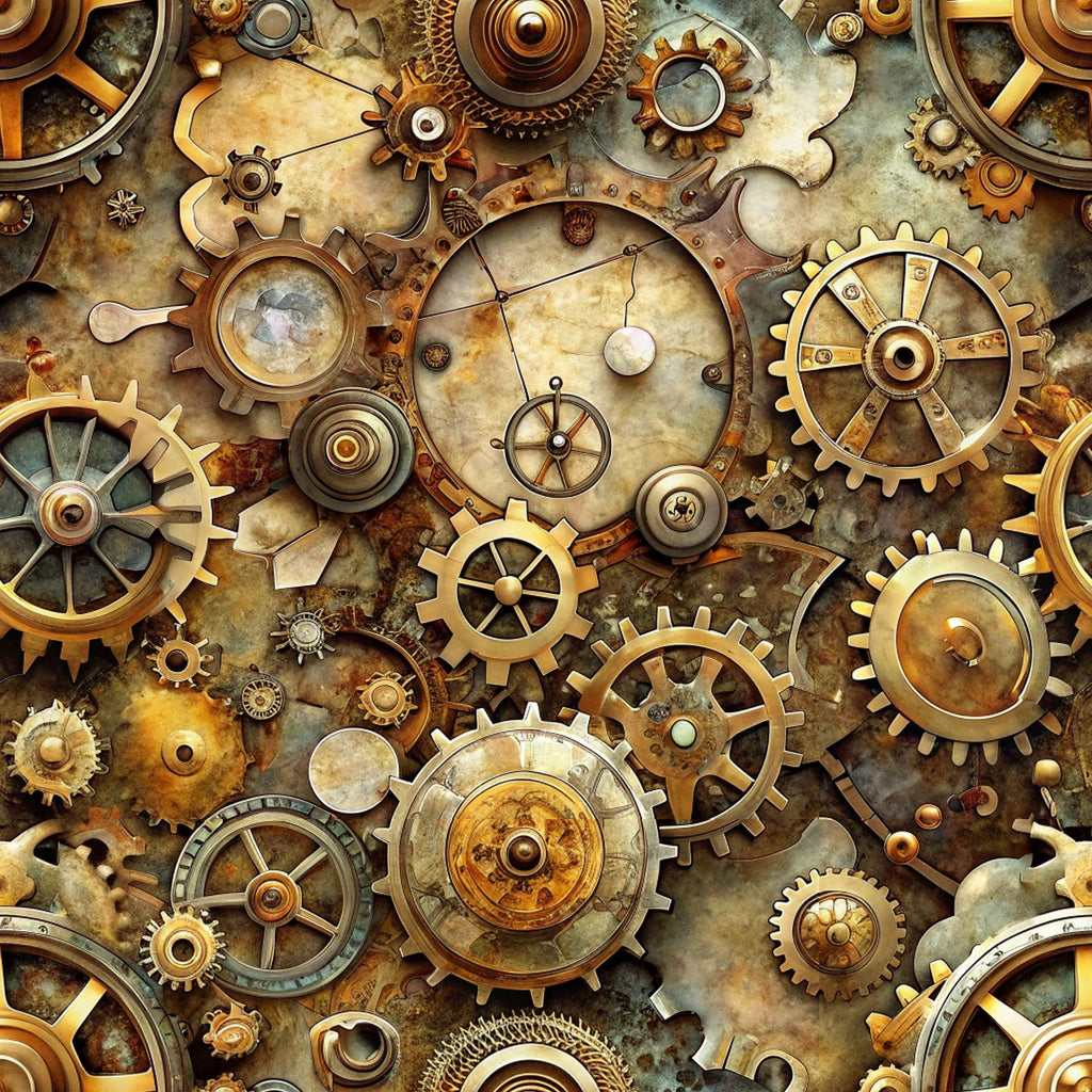 steampunk, mechanical gears, brass, copper, bronze, gold, antique, vintage machinery, clockwork, industrial, cogs, wheels, metallic, weathered, aged patina,, fabric panel, victorian era, intricate details, mechanical elements