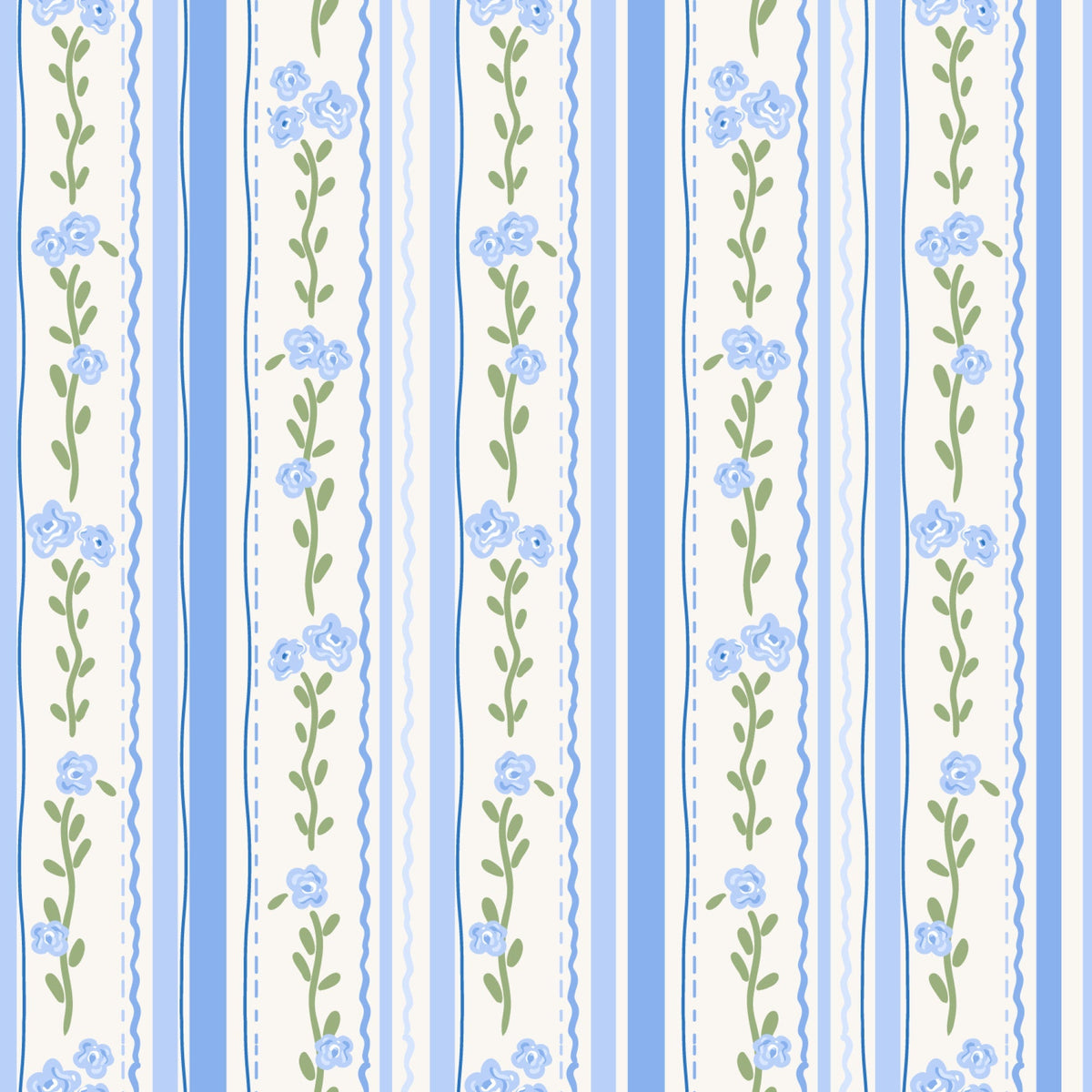 blue stripes, cream background, floral pattern, small roses, green leaves, vertical stripes,, fabric panel, delicate flowers, soft blue, pastel colors, botanical design, feminine pattern, cottage style, vintage inspired, repeating motif, decorative borders, wavy lines, romantic floral, crafting fabric