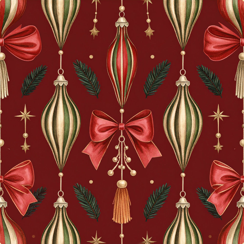 burgundy, deep red, forest green, cream, gold, metallic gold, christmas, holiday, vintage, elegant, traditional, ornaments, striped ornaments, bows, ribbons, evergreen branches, pine needles, stars, tassels, festive, glamorous, sophisticated, winter, seasonal, home decor, red and green, classic christmas, retro, decorative, hanging ornaments