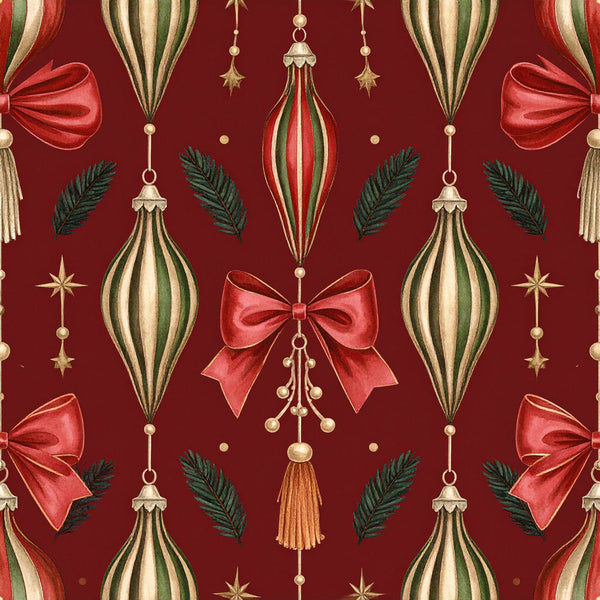 burgundy, deep red, forest green, cream, gold, metallic gold, christmas, holiday, vintage, elegant, traditional, ornaments, striped ornaments, bows, ribbons, evergreen branches, pine needles, stars, tassels, festive, glamorous, sophisticated, winter, seasonal, home decor, red and green, classic christmas, retro, decorative, hanging ornaments