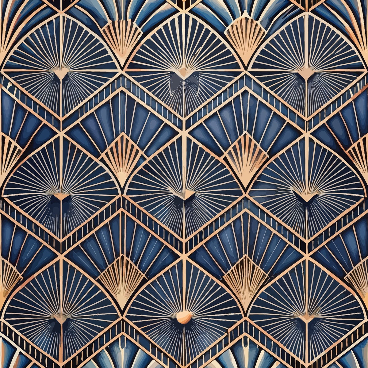 navy blue, copper, gold, art deco, geometric pattern, fan motifs, radiating lines, sunburst design, diamond shapes, chevron pattern, metallic accents, vintage style, repeating pattern,, fabric panel, luxurious, elegant, angular design, 1920s inspired, decorative motifs
