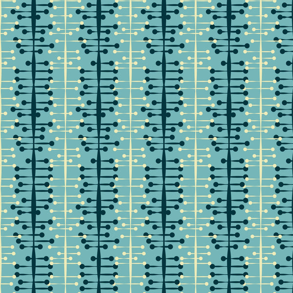 teal, sage green, cream, atomic age, mid-century modern, geometric pattern, connected circles, dots, lines, retro design, 1950s style, modernist, abstract shapes, repetitive motif,, fabric panel, vintage inspired, decorative pattern, interconnected elements