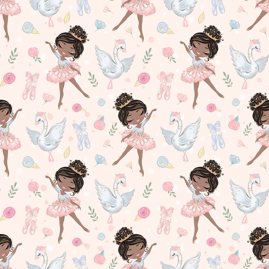 pink, blush, white, blue, ballet dancers, ballerinas, swans, roses, floral, ballet shoes, pointe shoes, tutus, bows, ribbons, whimsical, delicate, feminine, repeating pattern,, children's fabric, graceful, soft pastels, dance theme