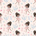 pink, blush, white, blue, ballet dancers, ballerinas, swans, roses, floral, ballet shoes, pointe shoes, tutus, bows, ribbons, whimsical, delicate, feminine, repeating pattern,, children's fabric, graceful, soft pastels, dance theme