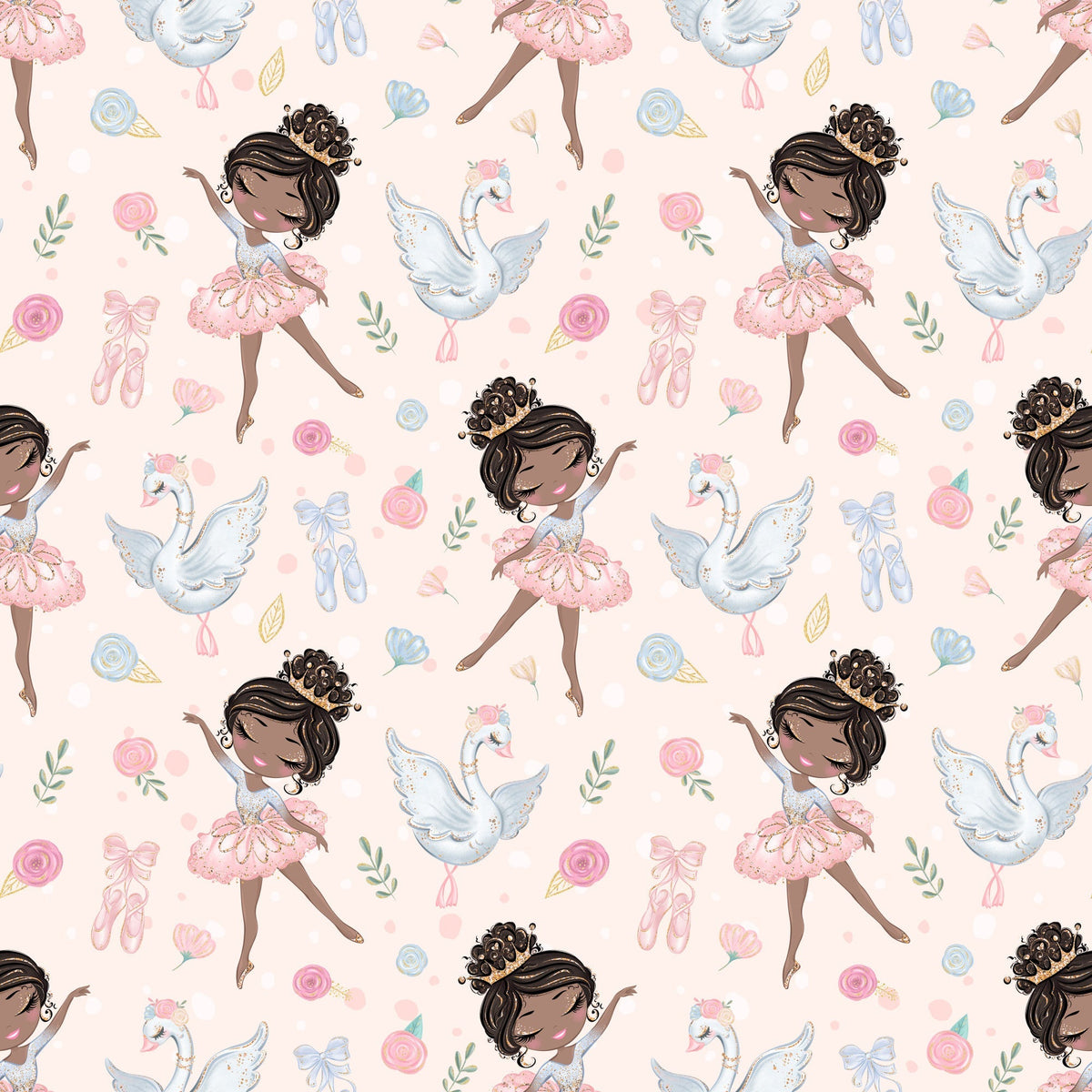 pink, blush, white, blue, ballet dancers, ballerinas, swans, roses, floral, ballet shoes, pointe shoes, tutus, bows, ribbons, whimsical, delicate, feminine, repeating pattern,, children's fabric, graceful, soft pastels, dance theme