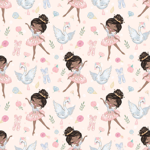 pink, blush, white, blue, ballet dancers, ballerinas, swans, roses, floral, ballet shoes, pointe shoes, tutus, bows, ribbons, whimsical, delicate, feminine, repeating pattern,, children's fabric, graceful, soft pastels, dance theme