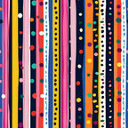 bright stripes, colorful dots, vertical bands, navy blue, hot pink, yellow, orange, red, teal, white, purple, geometric pattern, polka dots, vibrant colors,, fabric panel, modern design, playful pattern, cheerful mood, multicolored stripes
