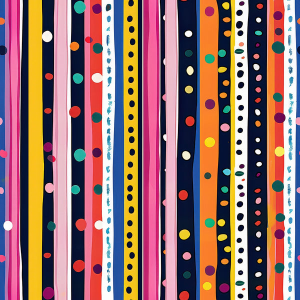 bright stripes, colorful dots, vertical bands, navy blue, hot pink, yellow, orange, red, teal, white, purple, geometric pattern, polka dots, vibrant colors,, fabric panel, modern design, playful pattern, cheerful mood, multicolored stripes