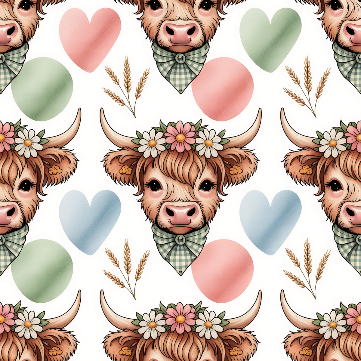 highland cow, cow heads, floral crown, gingham bandana, wheat stalks, pastel hearts, pink hearts, blue hearts, green hearts, brown fur, horns, cute animals, farm animals, cottagecore, watercolor style,, fabric panel, repeating pattern, country charm, rustic style
