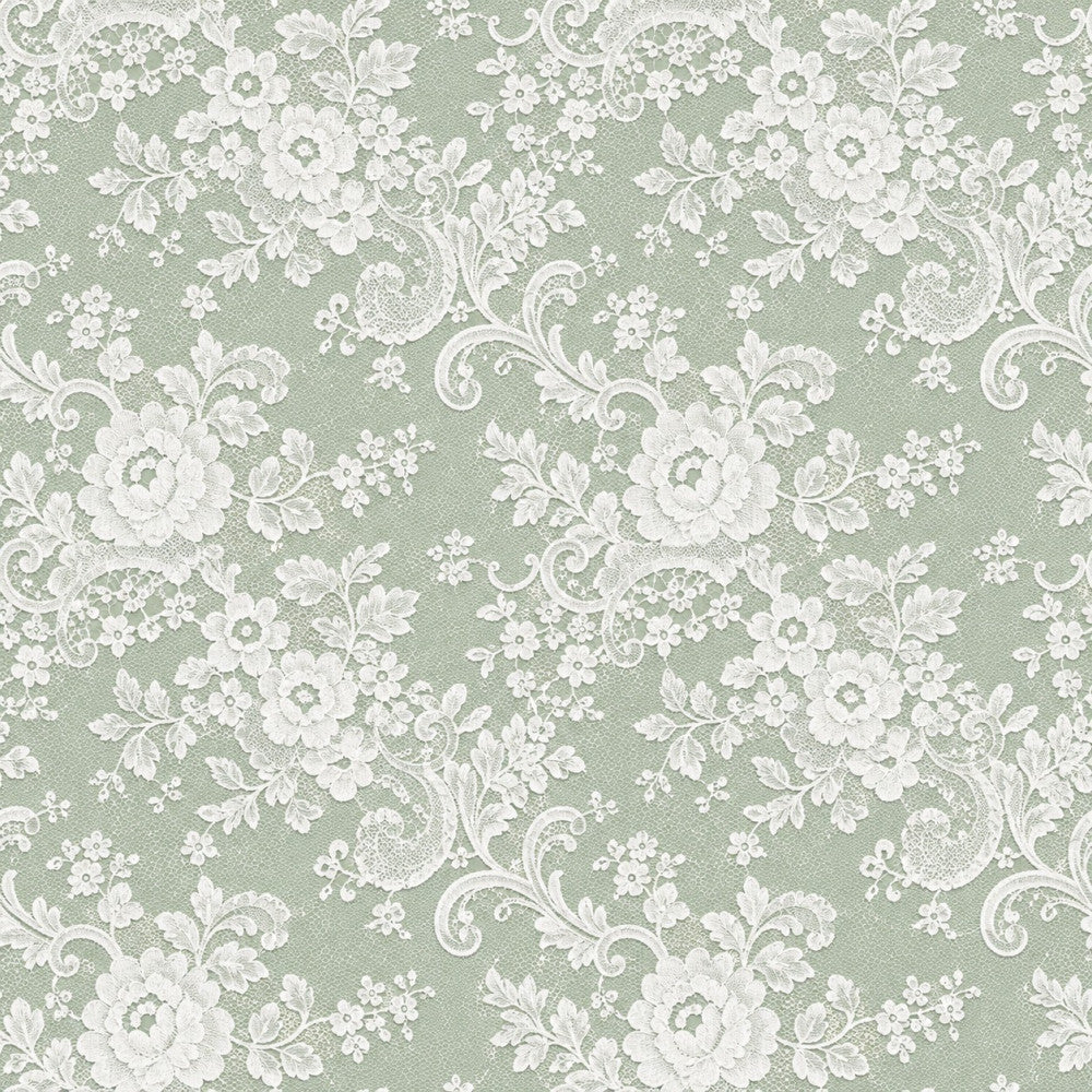 sage green, white, cream, floral, vintage, damask, ornamental, elegant, traditional, botanical, roses, scrolls, leaves, garden, romantic, delicate, lace-inspired, classic, timeless, spring, summer, nature, sophisticated, ornate, decorative, flourish, peonies, detailed, refined