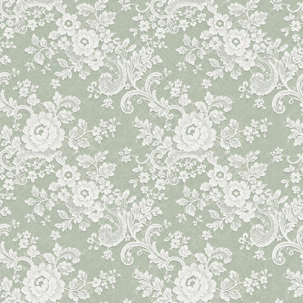 sage green, white, cream, floral, vintage, damask, ornamental, elegant, traditional, botanical, roses, scrolls, leaves, garden, romantic, delicate, lace-inspired, classic, timeless, spring, summer, nature, sophisticated, ornate, decorative, flourish, peonies, detailed, refined