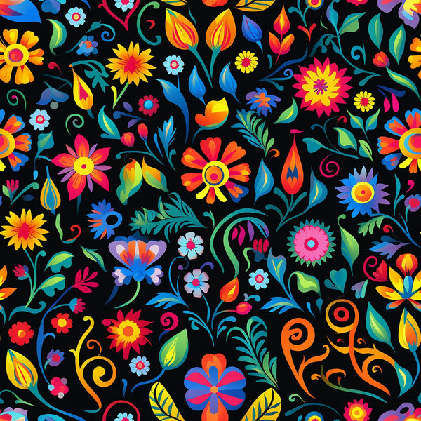 mexican floral, vibrant colors, black background, rainbow flowers, folk art, decorative swirls, bright blooms, multi-colored petals,, fabric panel, festive pattern, colorful leaves, ornamental design, cheerful motifs, craft fabric, sewing material, floral fiesta, botanical elements, vivid hues