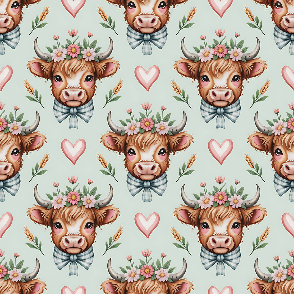highland cow, cow faces, floral crown, pink hearts, striped bow tie, brown fur, pink flowers, green leaves, wheat stalks, pastoral pattern, farm animals, cottage core,, fabric panel, repeating pattern, soft pastels, mint green background, adorable cows, country charm, whimsical design