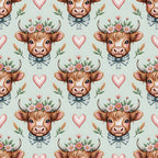 highland cow, cow faces, floral crown, pink hearts, striped bow tie, brown fur, pink flowers, green leaves, wheat stalks, pastoral pattern, farm animals, cottage core,, fabric panel, repeating pattern, soft pastels, mint green background, adorable cows, country charm, whimsical design