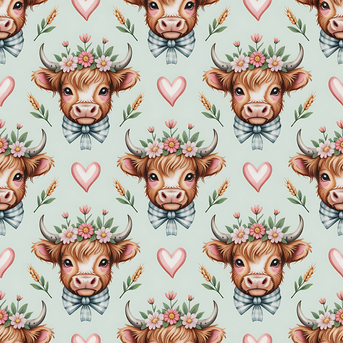 highland cow, cow faces, floral crown, pink hearts, striped bow tie, brown fur, pink flowers, green leaves, wheat stalks, pastoral pattern, farm animals, cottage core,, fabric panel, repeating pattern, soft pastels, mint green background, adorable cows, country charm, whimsical design