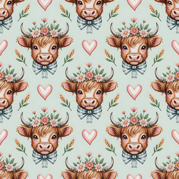 highland cow, cow faces, floral crown, pink hearts, striped bow tie, brown fur, pink flowers, green leaves, wheat stalks, pastoral pattern, farm animals, cottage core,, fabric panel, repeating pattern, soft pastels, mint green background, adorable cows, country charm, whimsical design