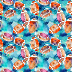 watercolor footballs, blue background, orange footballs, pink footballs, purple footballs, athletic pattern, sports theme, watercolor style,, fabric panel, repeating pattern, splatter effects, white lacing, vibrant colors, teal blue, magenta, artistic design, cotton fabric, sports motif, watercolor technique