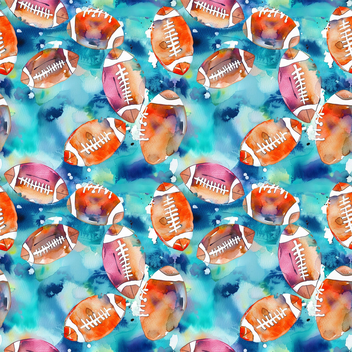 watercolor footballs, blue background, orange footballs, pink footballs, purple footballs, athletic pattern, sports theme, watercolor style,, fabric panel, repeating pattern, splatter effects, white lacing, vibrant colors, teal blue, magenta, artistic design, cotton fabric, sports motif, watercolor technique