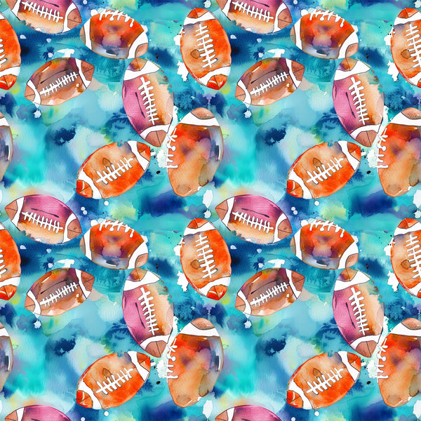 watercolor footballs, blue background, orange footballs, pink footballs, purple footballs, athletic pattern, sports theme, watercolor style,, fabric panel, repeating pattern, splatter effects, white lacing, vibrant colors, teal blue, magenta, artistic design, cotton fabric, sports motif, watercolor technique