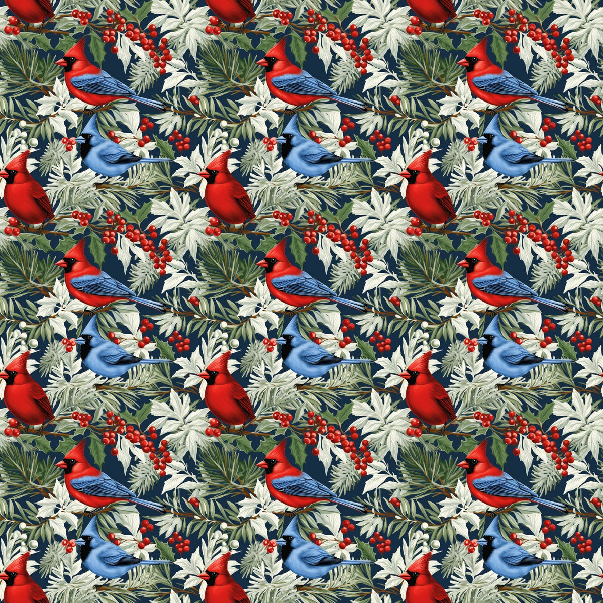 christmas cardinals, red birds, blue jays, winter birds, holly berries, pine needles, evergreen branches, botanical pattern, navy blue background, red cardinal, blue bird, green foliage, winter foliage, holiday fabric,, repeating pattern, nature motif, winter theme, bird illustration, festive design