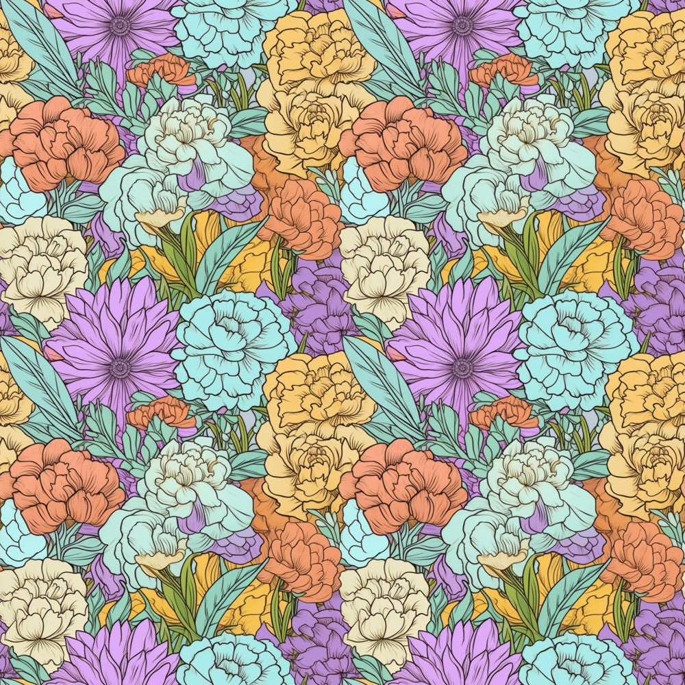 lavender purple, coral pink, pale yellow, mint green, cream white, light blue, pastel colors, floral pattern, flowers, peonies, roses, dahlias, botanical, nature, garden, spring, summer, whimsical, romantic, bohemian, vintage, colorful, multi-colored, detailed line work, hand-drawn style, nursery, playroom, kids room, baby shower, feminine