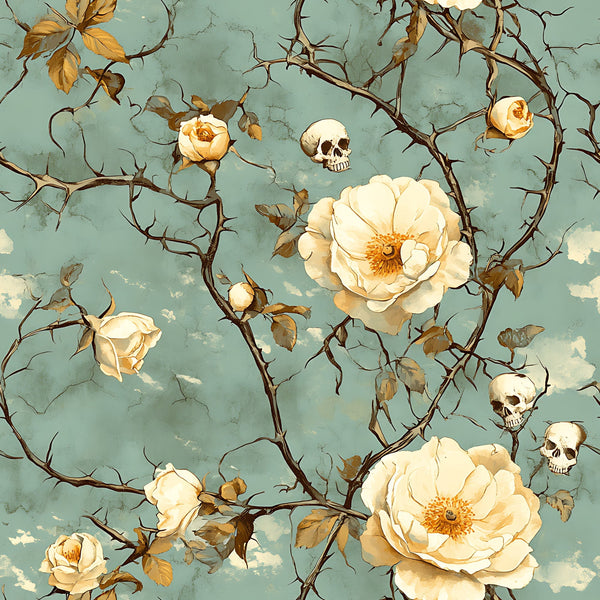 sage green, cream roses, skulls, thorny vines, gothic floral, vintage illustration,, fabric panel, autumn leaves, botanical skulls, distressed texture, muted pastels, dark academia, spooky florals, bramble thorns, bone white, weathered finish, halloween motifs, nature gothic, romantic macabre