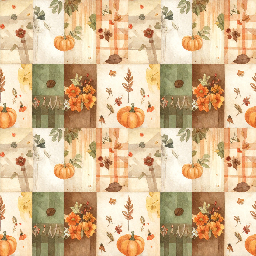 autumn pumpkin, fall harvest, pumpkins, orange flowers, burnt orange, cream, beige, sage green, olive green, brown, rust, floral, geometric, patchwork, plaid, checkered, vintage, rustic, farmhouse, nature, seasonal, autumn theme, fall theme, thanksgiving, harvest, botanical, leaves, dried flowers, cozy, warm tones