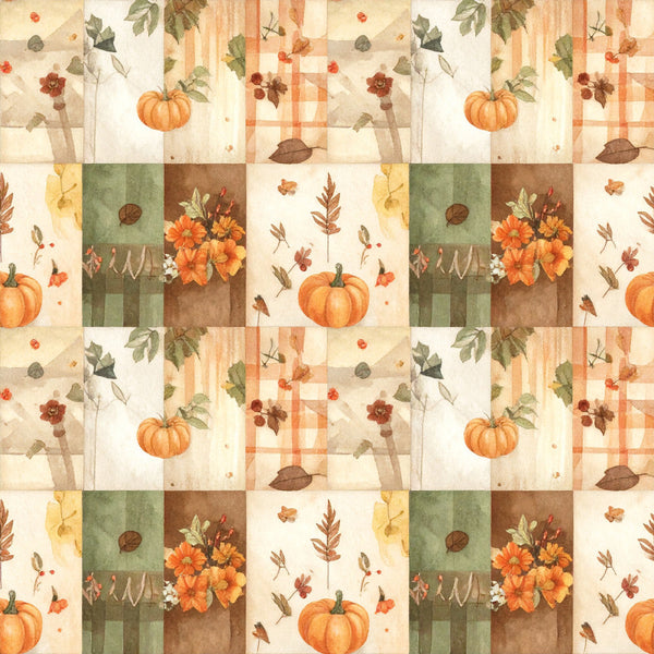 autumn pumpkin, fall harvest, pumpkins, orange flowers, burnt orange, cream, beige, sage green, olive green, brown, rust, floral, geometric, patchwork, plaid, checkered, vintage, rustic, farmhouse, nature, seasonal, autumn theme, fall theme, thanksgiving, harvest, botanical, leaves, dried flowers, cozy, warm tones